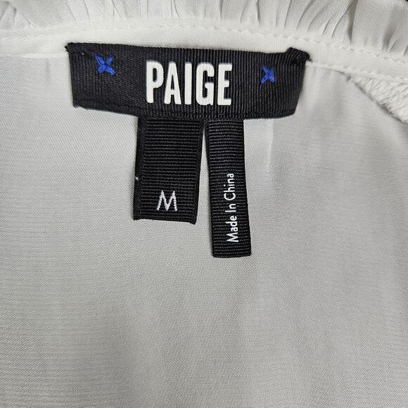 PAIGE Kaylynn Smocked Blouse Tassels City Chic Matte Satin Boho White Womens M - Picture 15 of 16